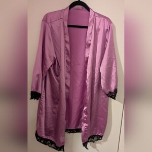 Satin Lace-Trim Robe in Lavender